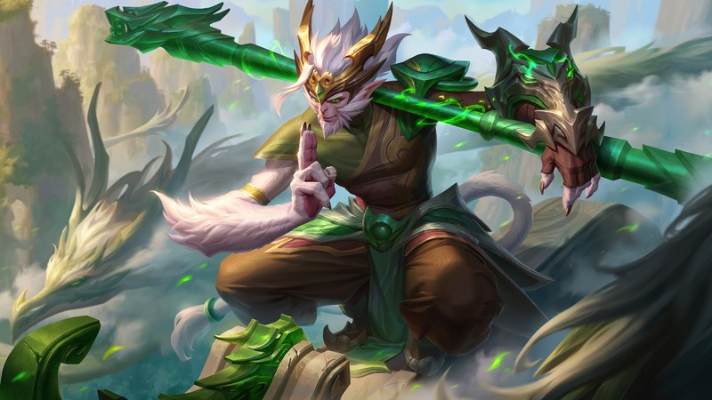 Мужчина в зеленом и белом костюме держит зеленый меч (jade dragon, укун, wukong, lol, league of legends)