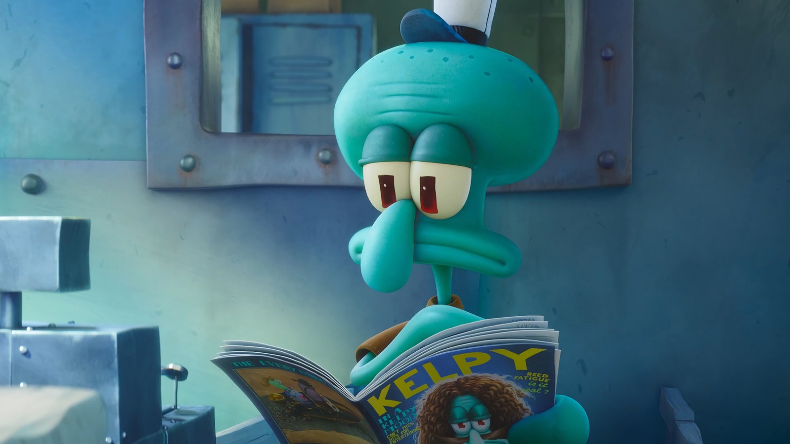 Un primer plano de un personaje de dibujos animados leyendo un libro (squidward tentacles, la película de bob esponja un héroe fuera del agua, the spongebob movie sponge on the run, película, 2020)