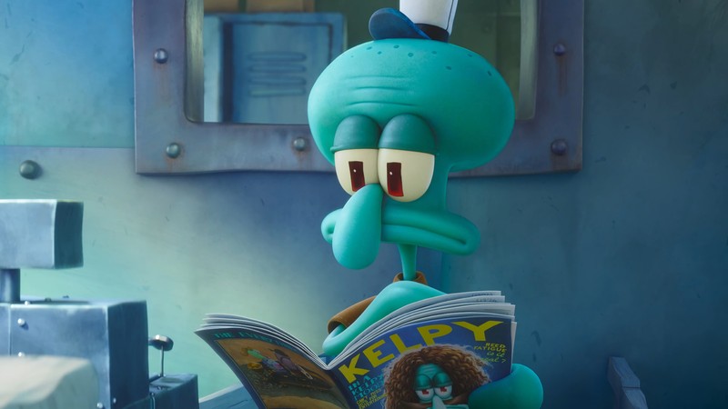 Крупный план мультяшного персонажа, читающего книгу (сquidward tentacles, squidward tentacles, губка боб в бегах, the spongebob movie sponge on the run, фильм)