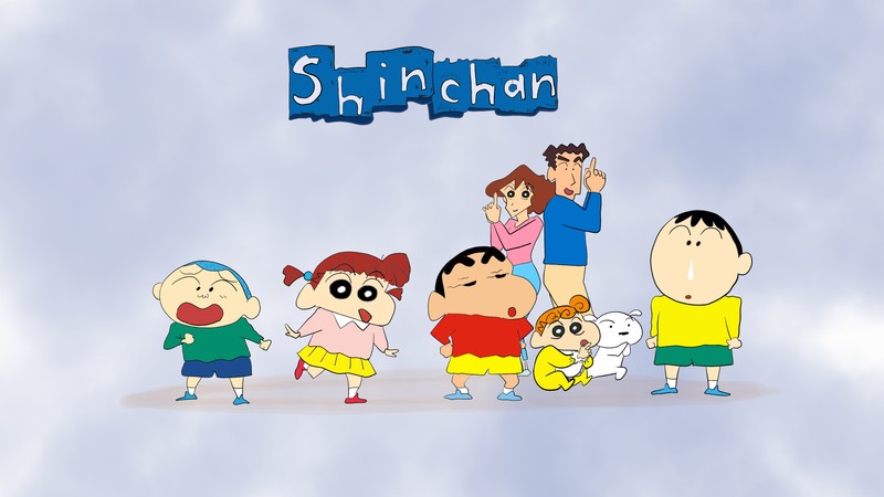 Мультфильм о семье из пяти человек, стоящей на фоне неба (шин чан, shin chan, сериал, синчан нохара, shinchan nohara)