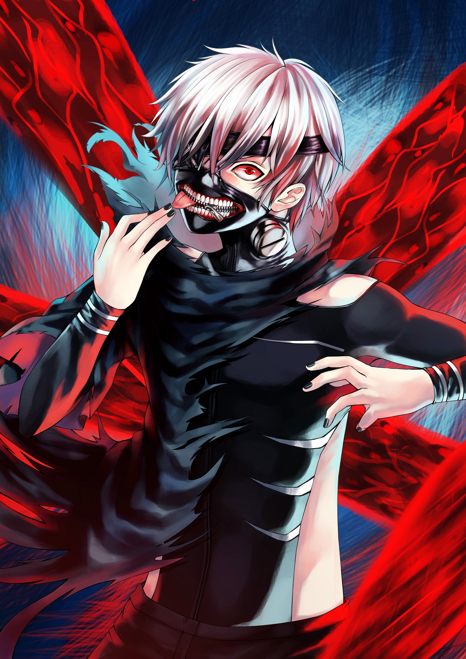 Anime girl with white hair and black outfit holding a red and black object (tokyo ghoul, anime, manga, android, superhero)