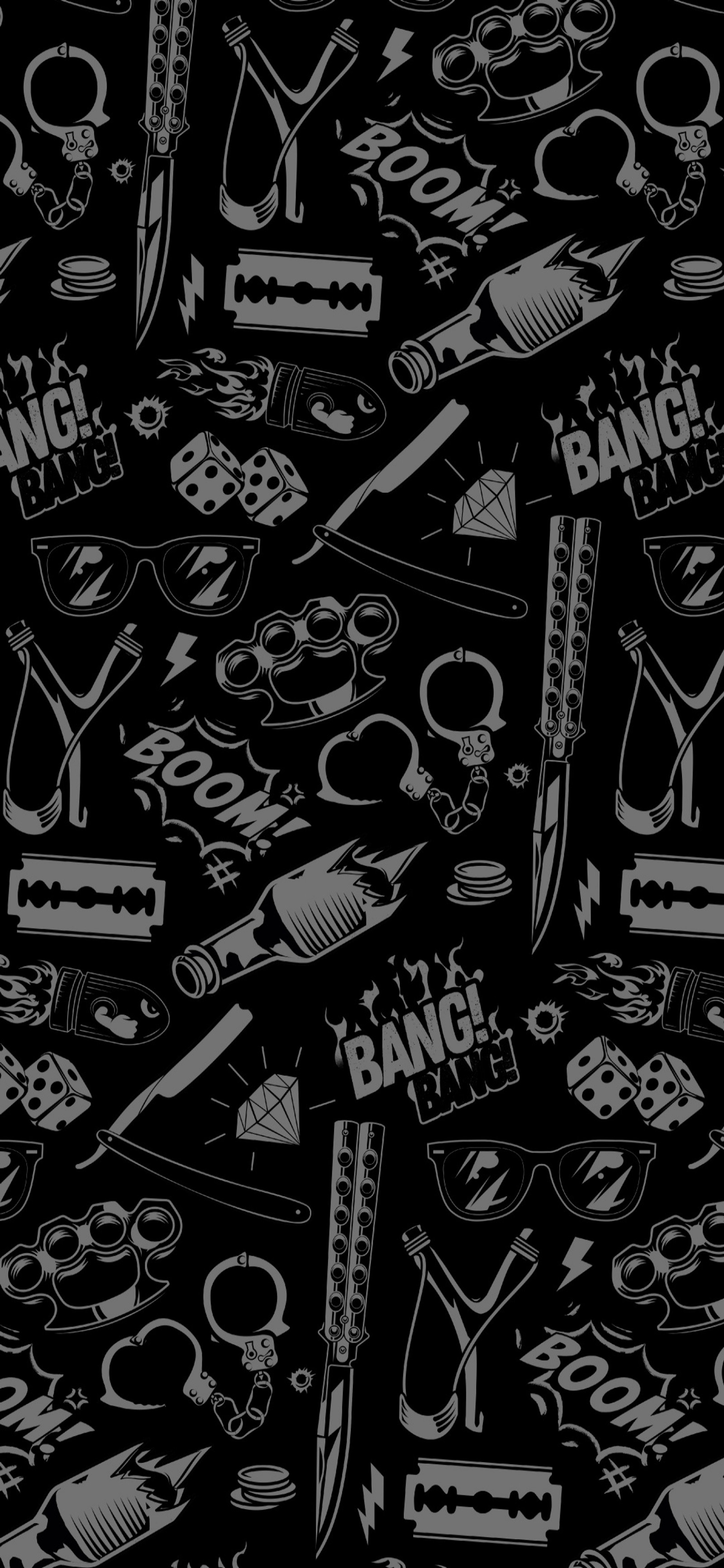 A close up of a black and white pattern with various items (ios 16, sleeve, style, black and white, art)