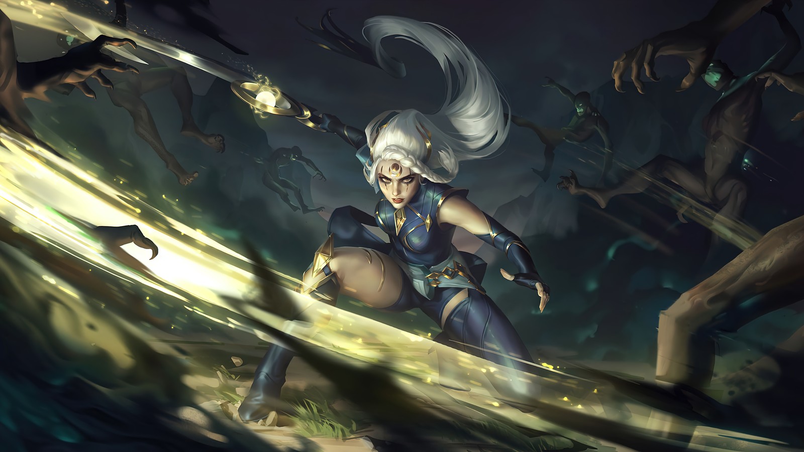 Eine frau in einem blauen outfit hält ein schwert und ein schwert (diana, wächter, league of legends, legends of runeterra, videospiel)