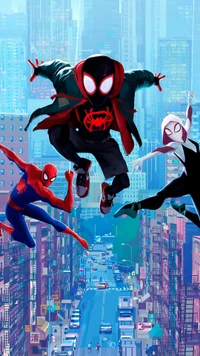 Dynamic Trio: Miles Morales and Spider-People Swinging Through the City