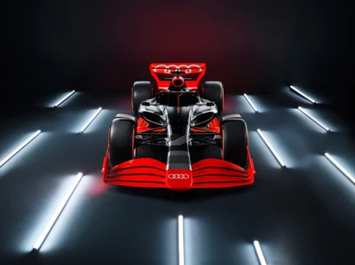 Lanzamiento de Livery de Audi F1: Impactante coche de carreras de Formula E en rojo y negro con iluminación dinámica