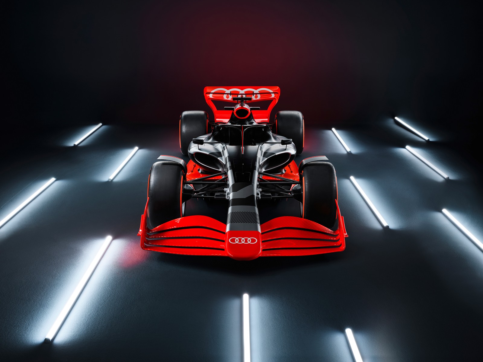 A close up of a red race car on a black background (audi f1 launch livery, 5k, formula e racing car, 2022, cars)