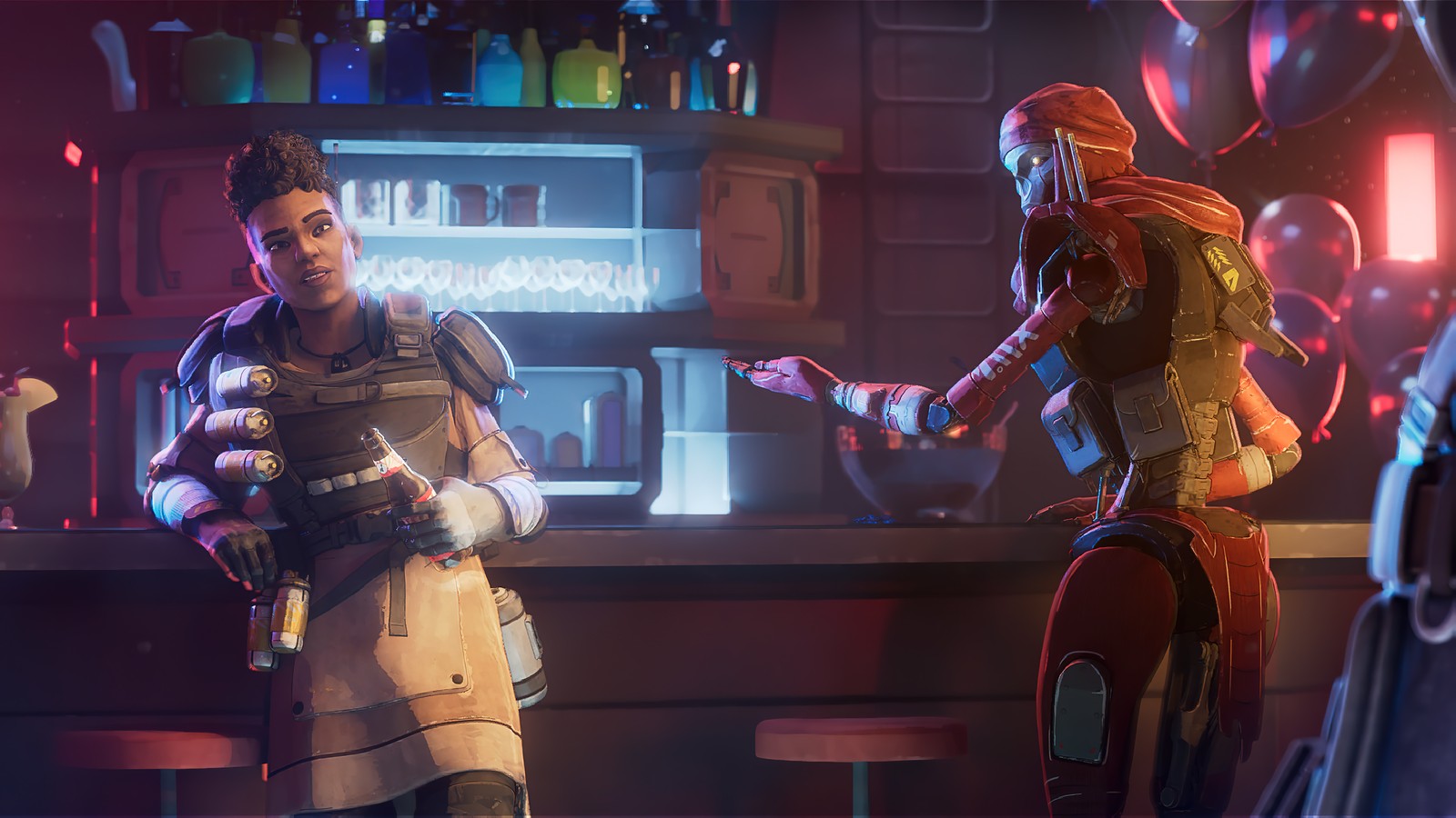 Un homme et une femme dans un bar avec une arme (bangalore, the revenant, revenant, apex legends, jeu vidéo)