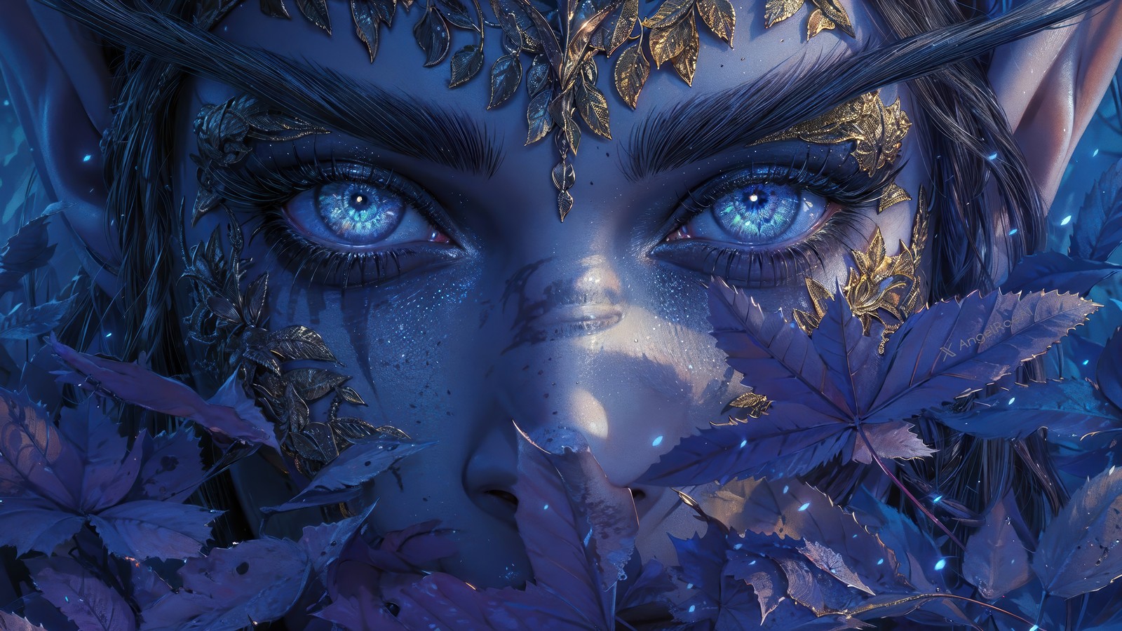 A close up of a woman with blue eyes and leaves (elf, blue eyes, fantasy)