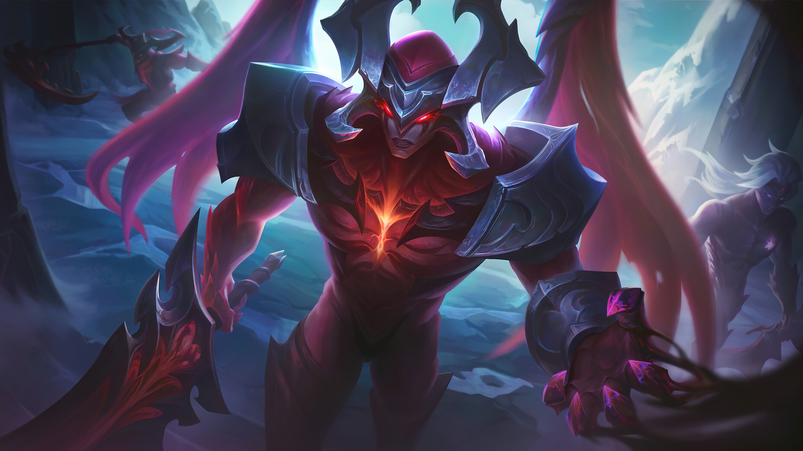 Un primer plano de un hombre de aspecto demoníaco con una espada (aatrox, league of legends, lol, videojuego)