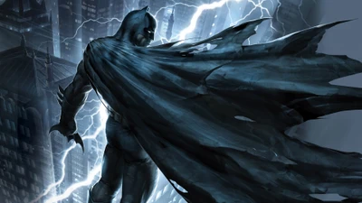 Batman stands poised on a Gotham rooftop, his cape billowing dramatically against a stormy sky illuminated by lightning.