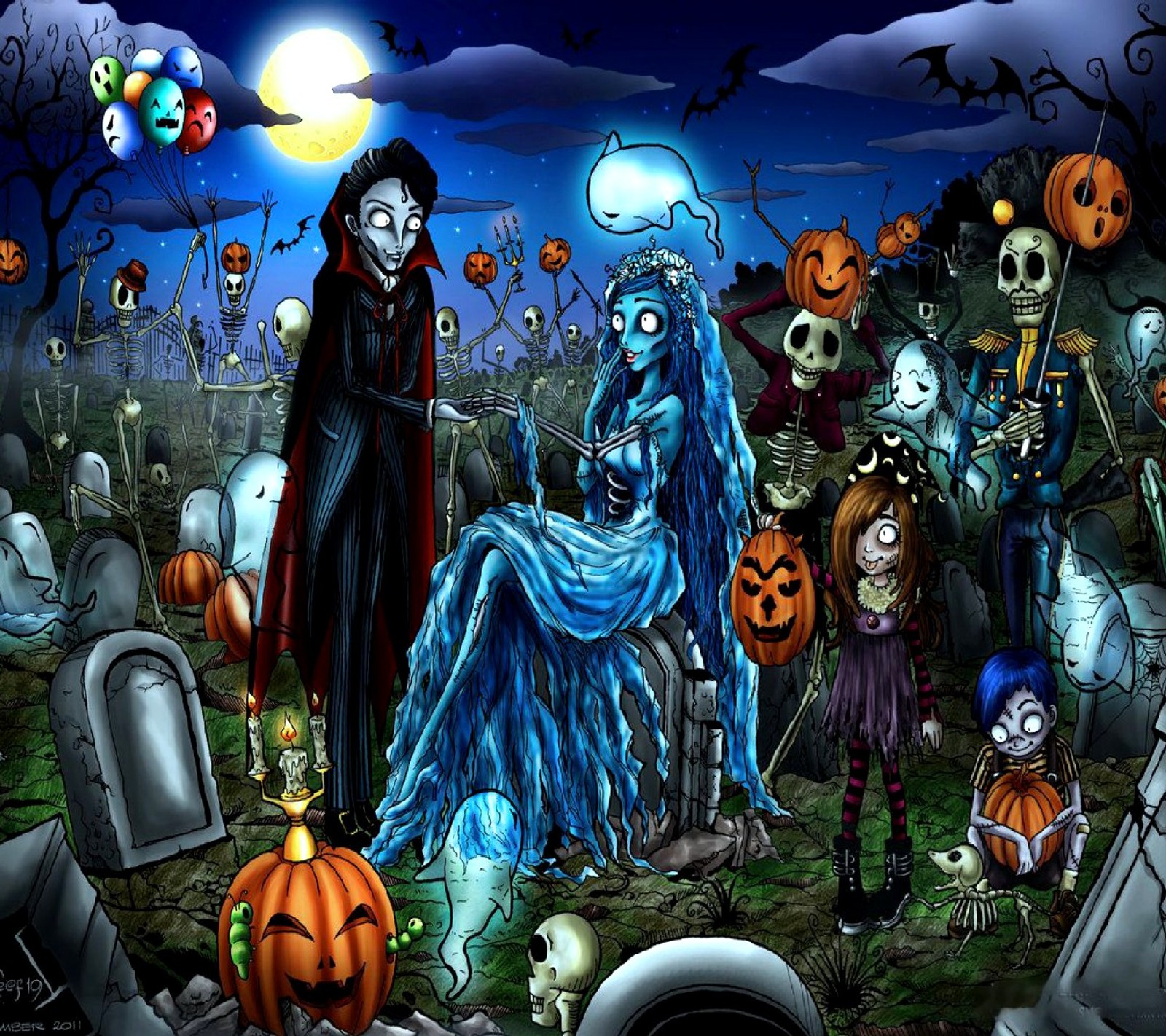 Un grupo de personas disfrazadas de halloween en un cementerio (halloween)