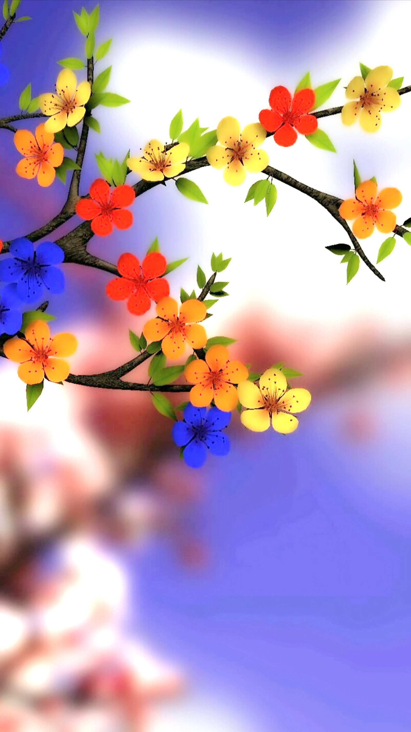 There is a picture of a colorful flowered tree branch (colorful, flower, nature, spring)