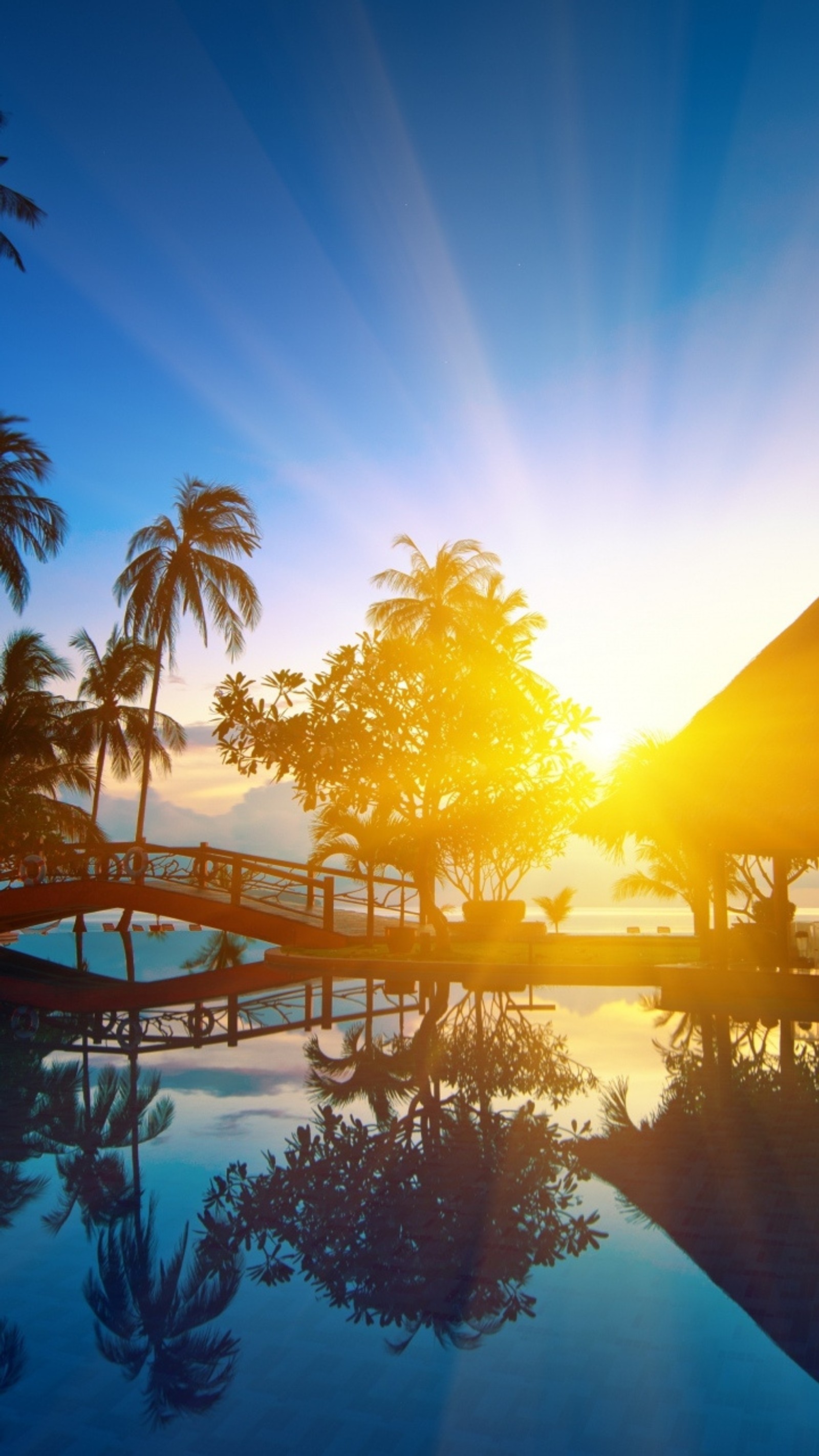 Pôr do sol sobre uma piscina com um gazebo e palmeiras (névoa, nascer do sol)