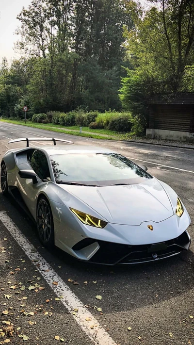 Lamborghini Huracán supercar branco em uma estrada cênica