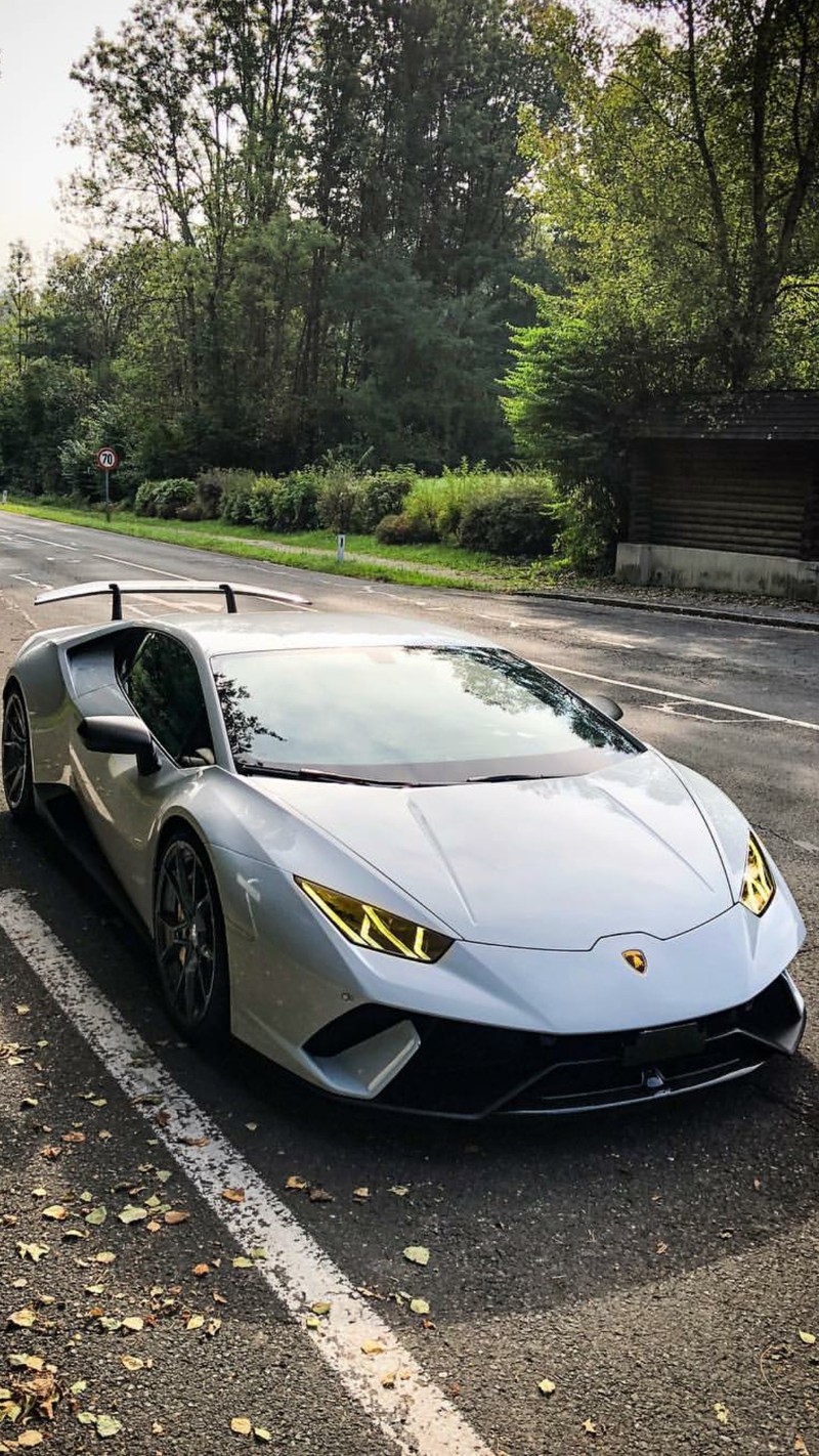 Макроснимок серебряного спортивного автомобиля, припаркованного на улице (lamborghini, huracan, белый, машина, гиперкар)