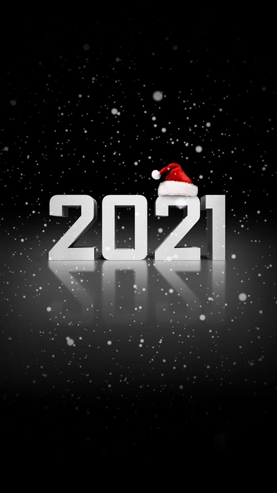 Feliz Ano Novo 2021 com chapéu de Papai Noel e neve