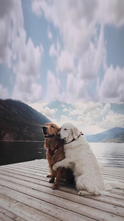 Goldene Hunde, die sich am See umarmen