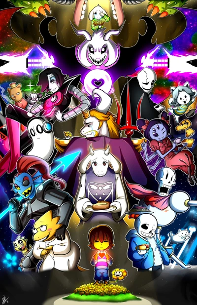 Undertale: Bunter Charakter-Collage in einem kosmischen Setting