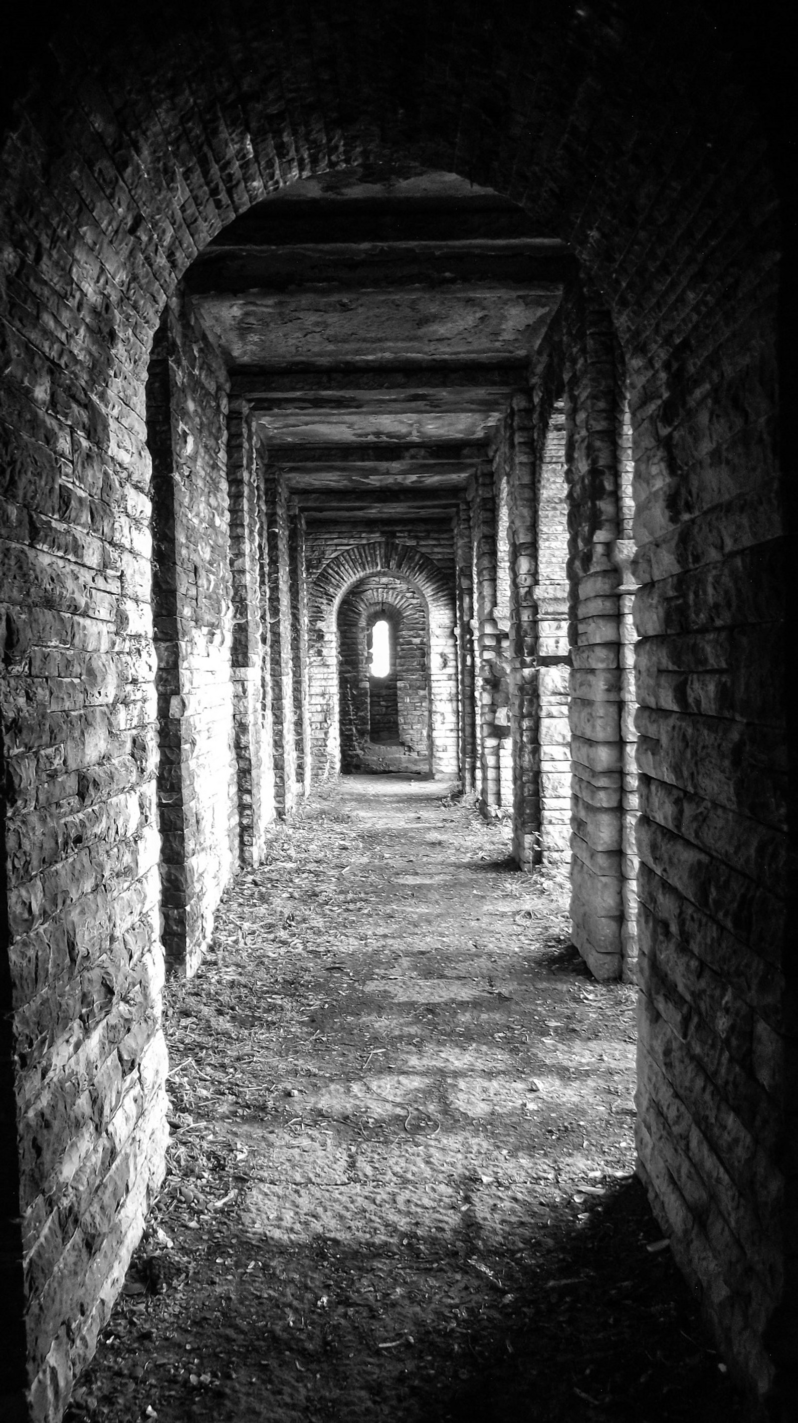 Une photo en noir et blanc d'un tunnel avec une porte (noir, sombre, lumières, mystère, secret)