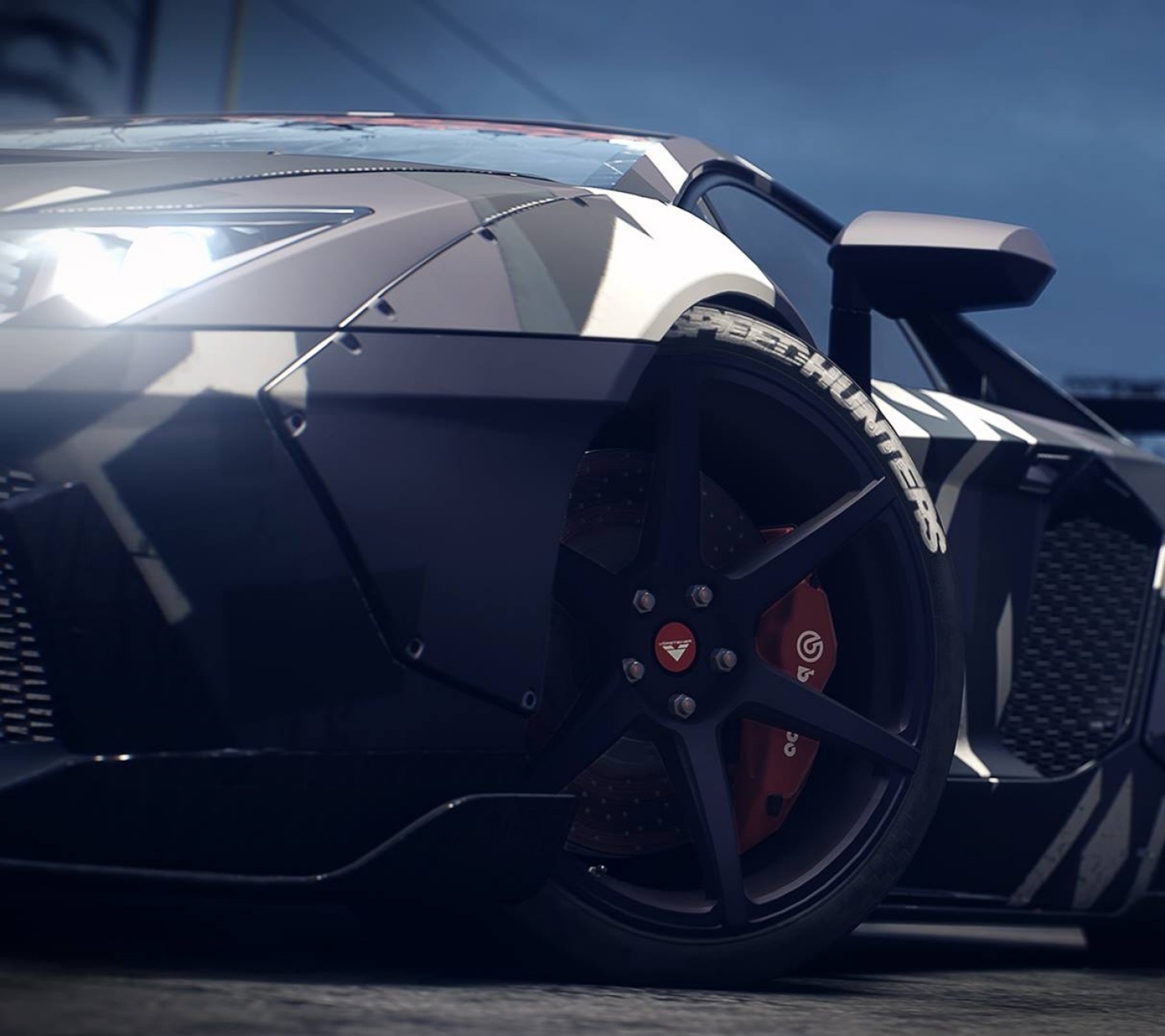 A close up of a black sports car parked in a parking lot (game, movie, nfs, racing, speed)