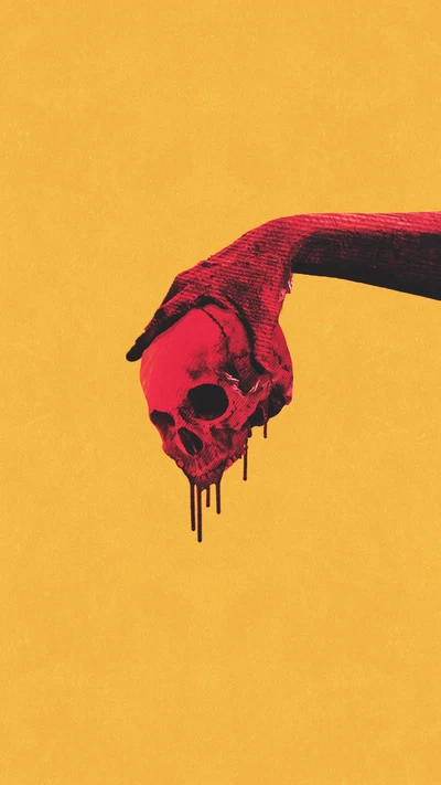 Crimson Drip: Hand Holding a Skull Against a Vibrant Yellow Background