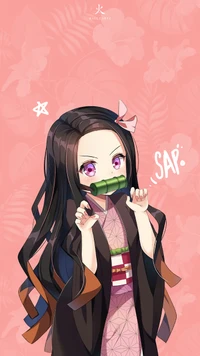 Nezuko Kamado: Adorable Anime Style with Bamboo Muzzle