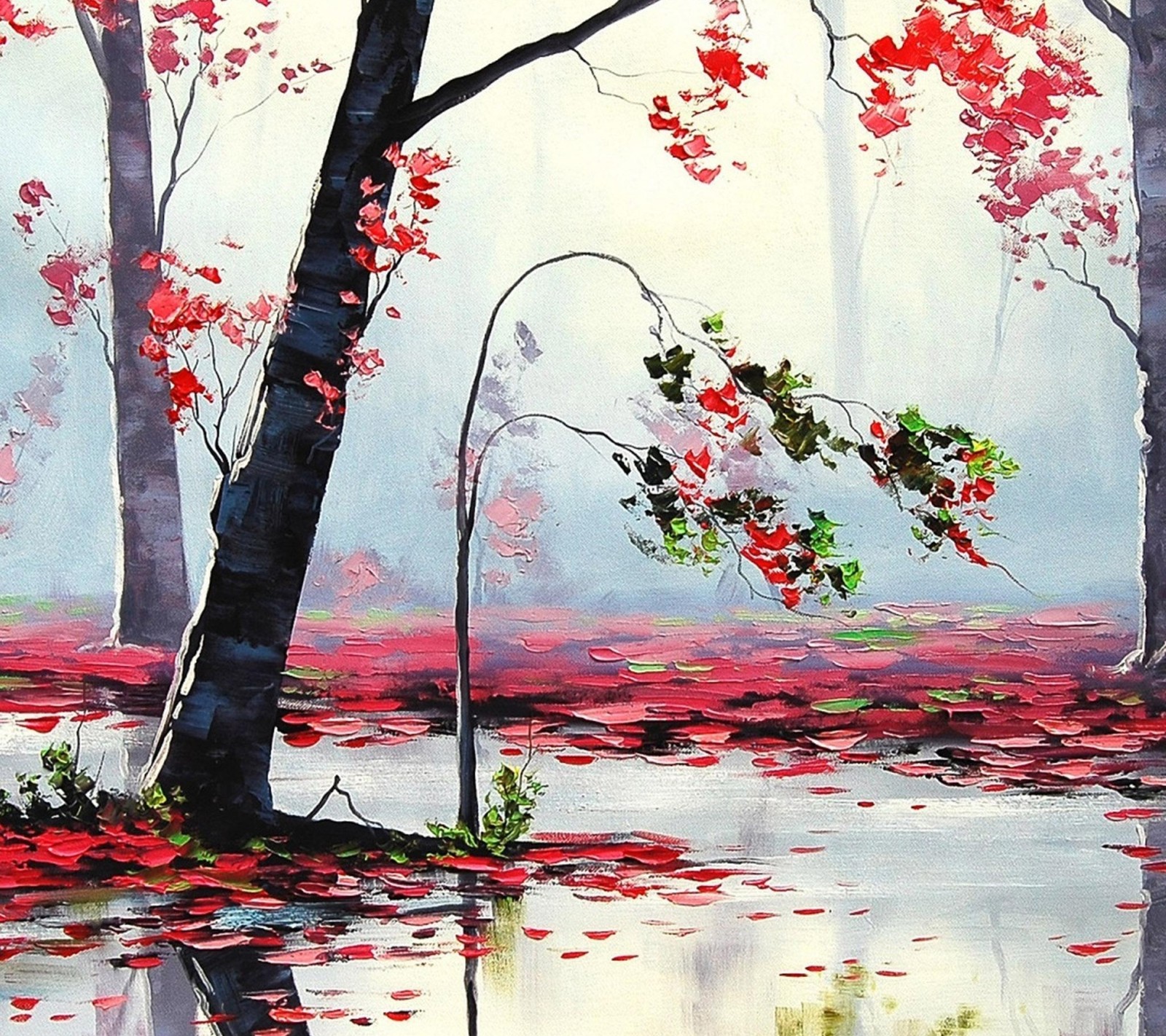 Painting of a red tree in a forest with a pond (2160x1920, hd wallpaper, samsung galaxy s4)