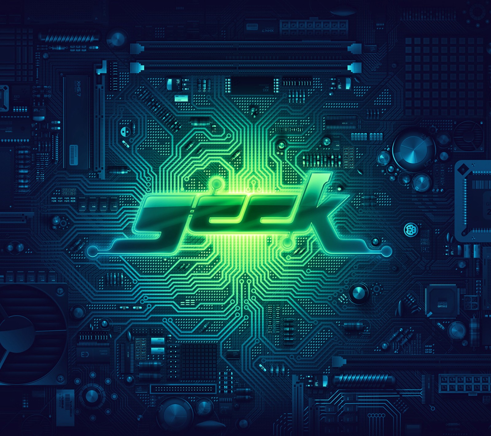 A computer circuit board with the word geek on it (blue, cool, electro, geek, green)