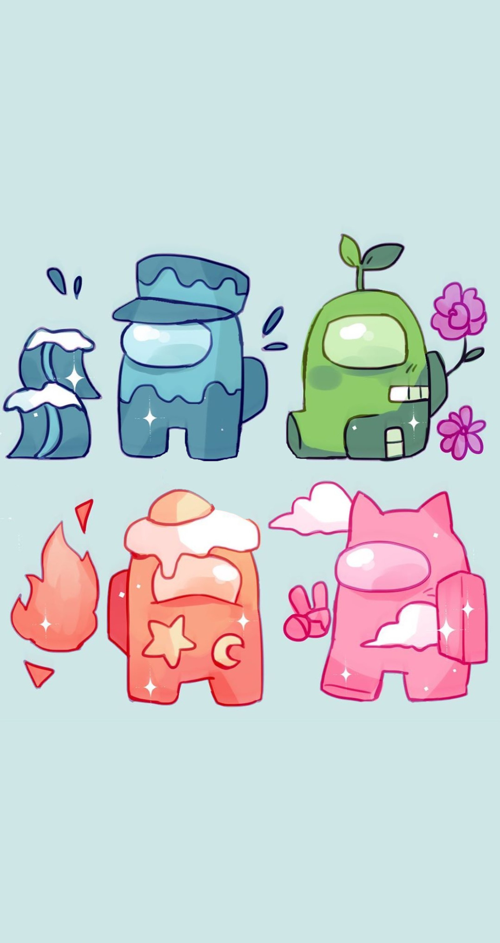 Cartoon style icons of a backpack, a backpack, a backpack, a bird, a flower, (among us, among us blue, among us crewmate, among us fanart, among us green)