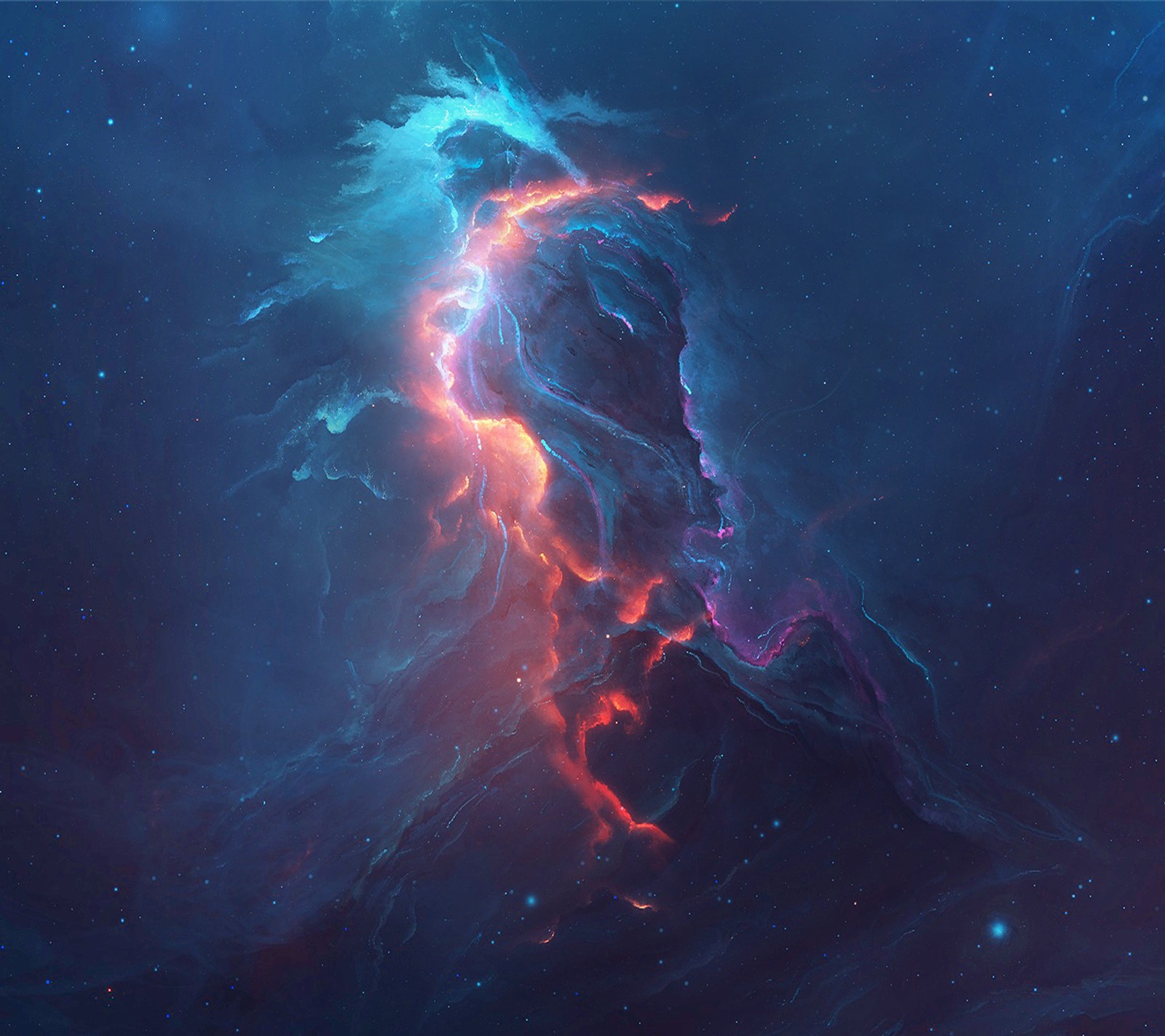 A close up of a very colorful space with a very large cloud (blue, design, fire, space)