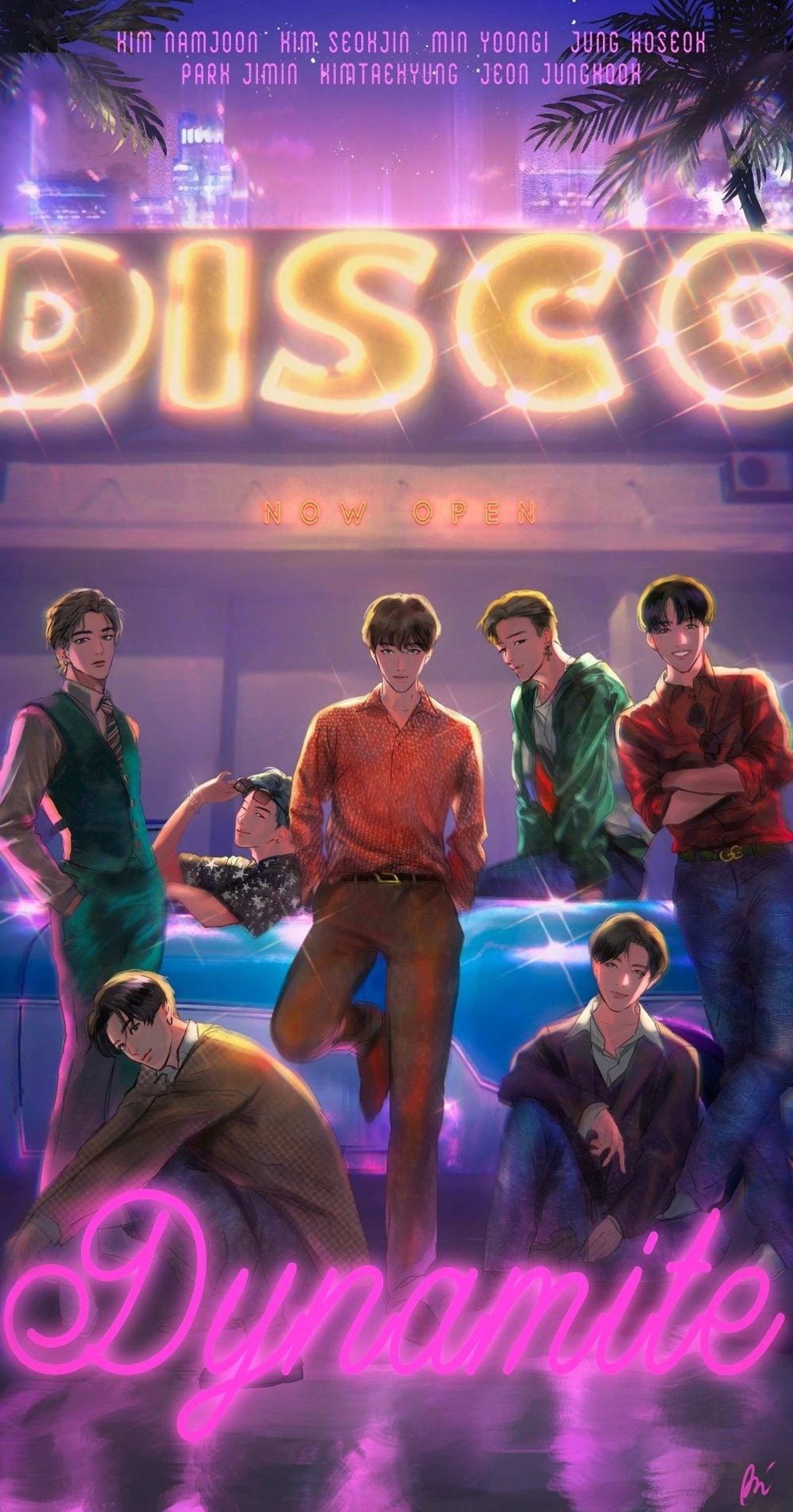 A poster of a group of people standing in front of a neon sign (bts, disco, dynamite, j hope, jimin)