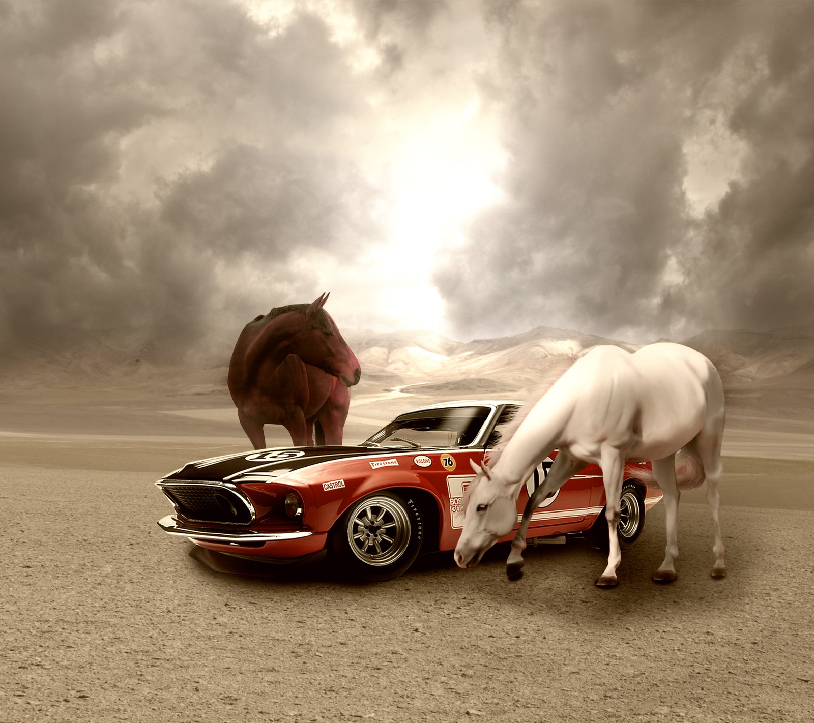 Los caballos están parados junto a un auto en el desierto (coche, caballos, saguaro)