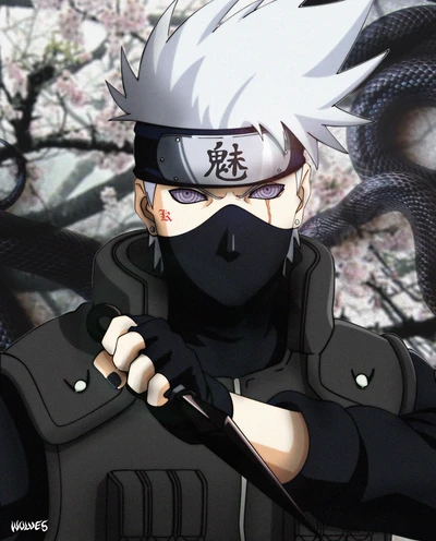 Kakashi mit Rinnegan in einer dunklen, ästhetischen Umgebung, umgeben von Schlangen und Kirschblüten.