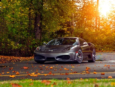 Elegante carro esportivo Ferrari entre folhas de outono ao pôr do sol