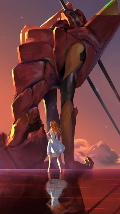 Asuka está diante do colossal Eva 02 ao crepúsculo