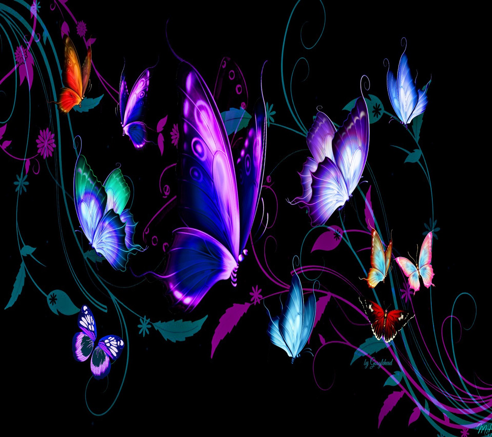 Butterflies and flowers are glowing in the dark with a black background (butterfiles, wallpaper)