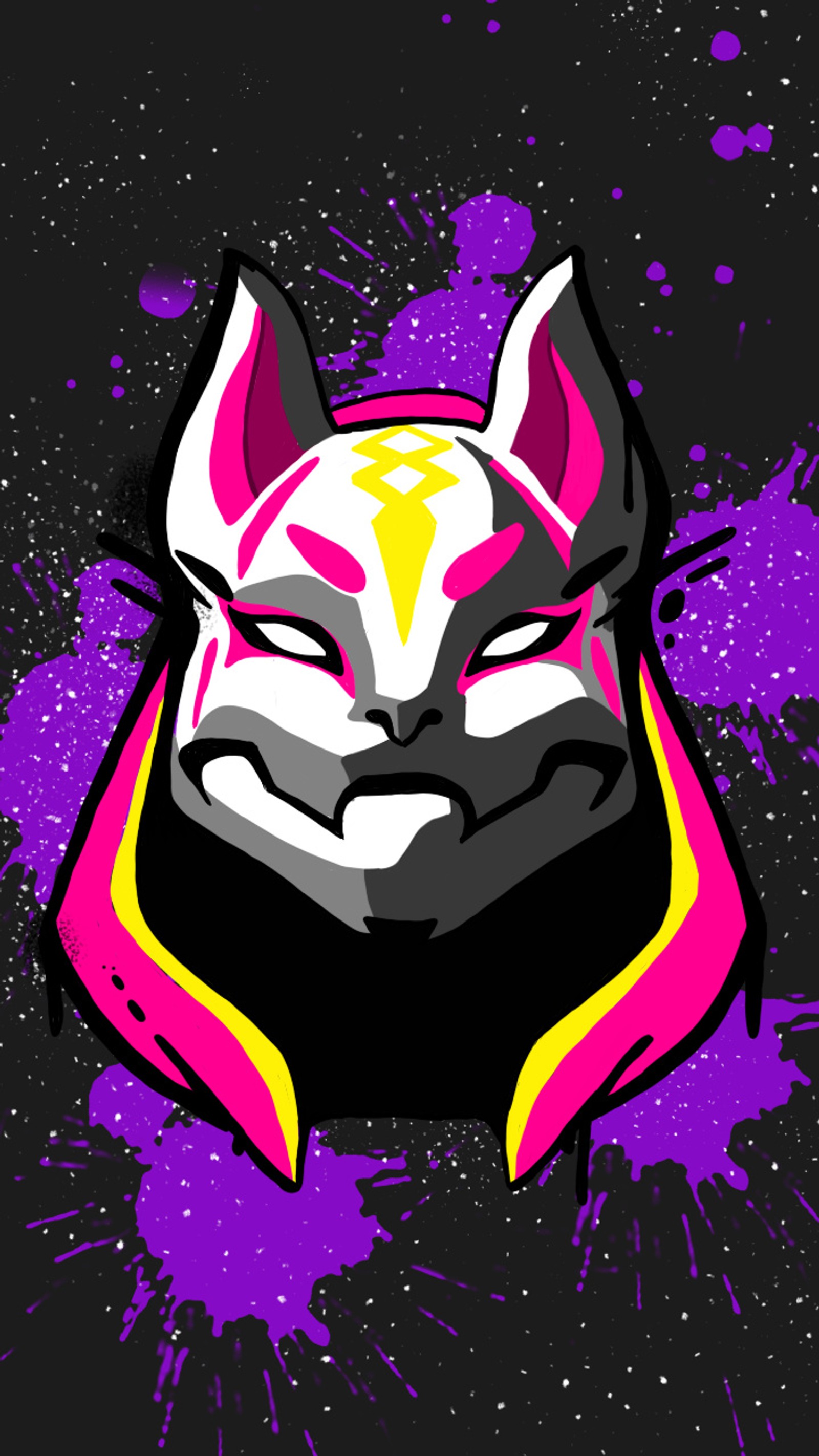 A close up of a cat with a purple and yellow collar (drift skin, drift skin mask, fornite, game, grey)