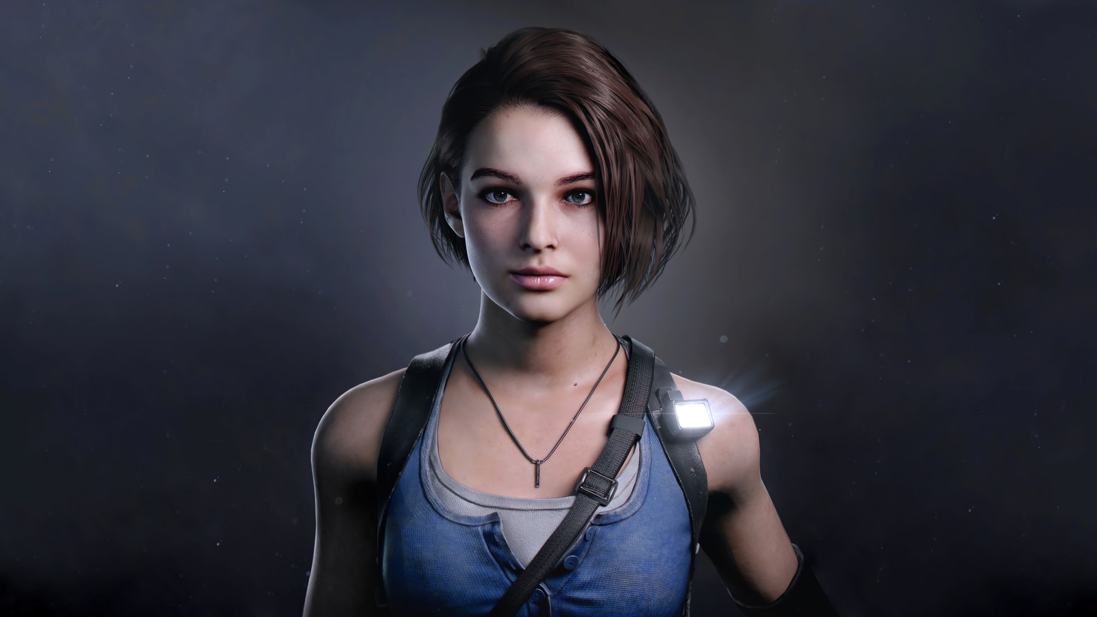 Женщина в синем топе держит нож и фонарик (джилл валентайн, jill valentine, resident evil 3, 5k, женский персонаж)