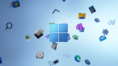 Демонстрация приложений Windows 11 на синем фоне