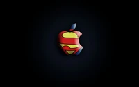 Um logotipo vibrante que mistura a silhueta icônica da Apple com cores e elementos de design de super-heróis.