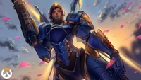 Pharah em armadura entre pétalas florescendo ao pôr do sol - Arte de Overwatch