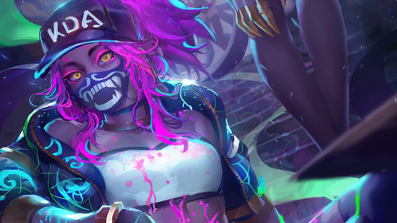 Женщина с розовыми волосами и шляпой держит нож (kda, акали, akali, league of legends, lol)