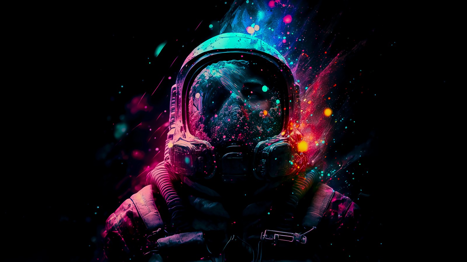 A man in a space suit with a gas mask on (astronaut, colorful, space, digital art)