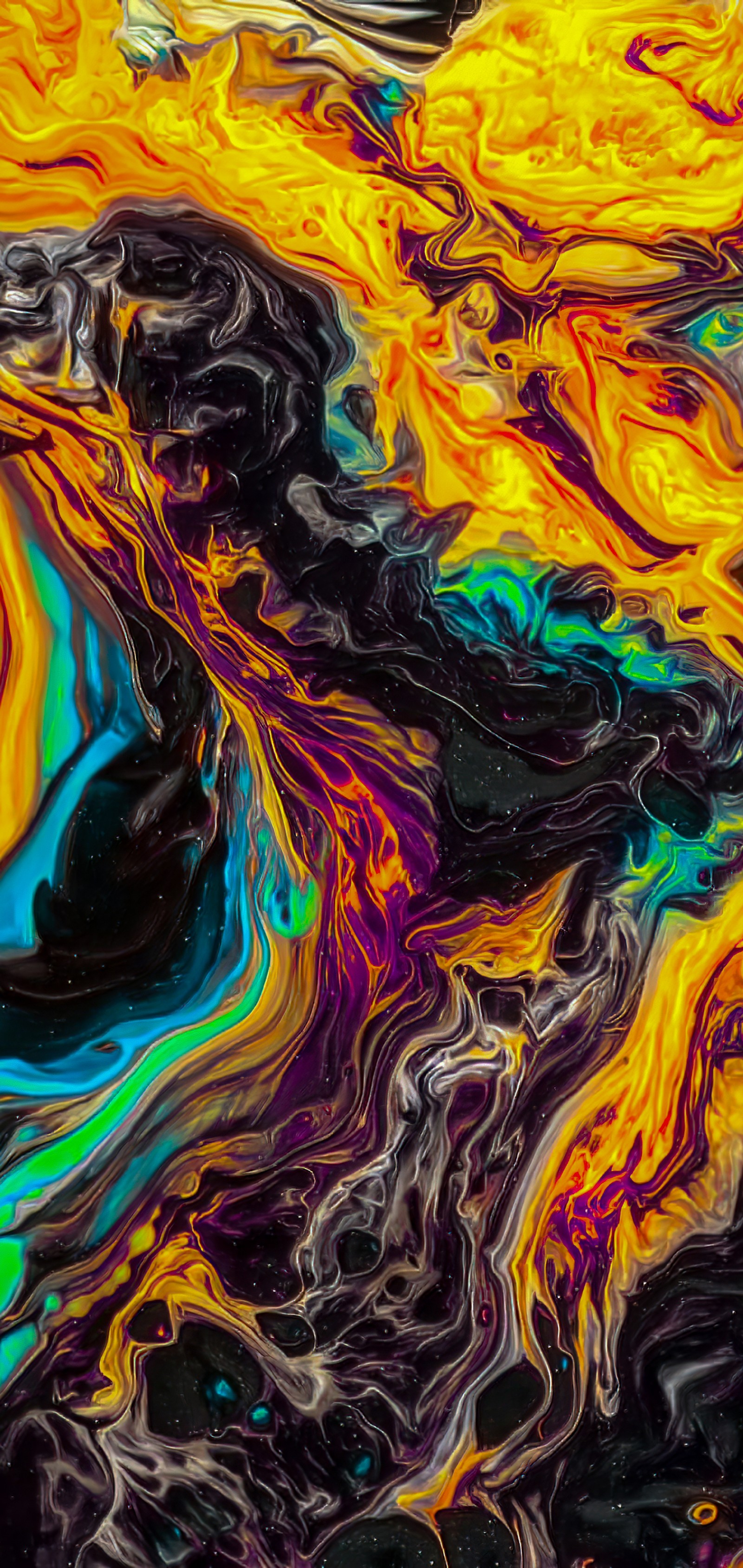 A close up of a colorful fluid painting on a black surface (modern art, art, abstract art, visual arts, painting)