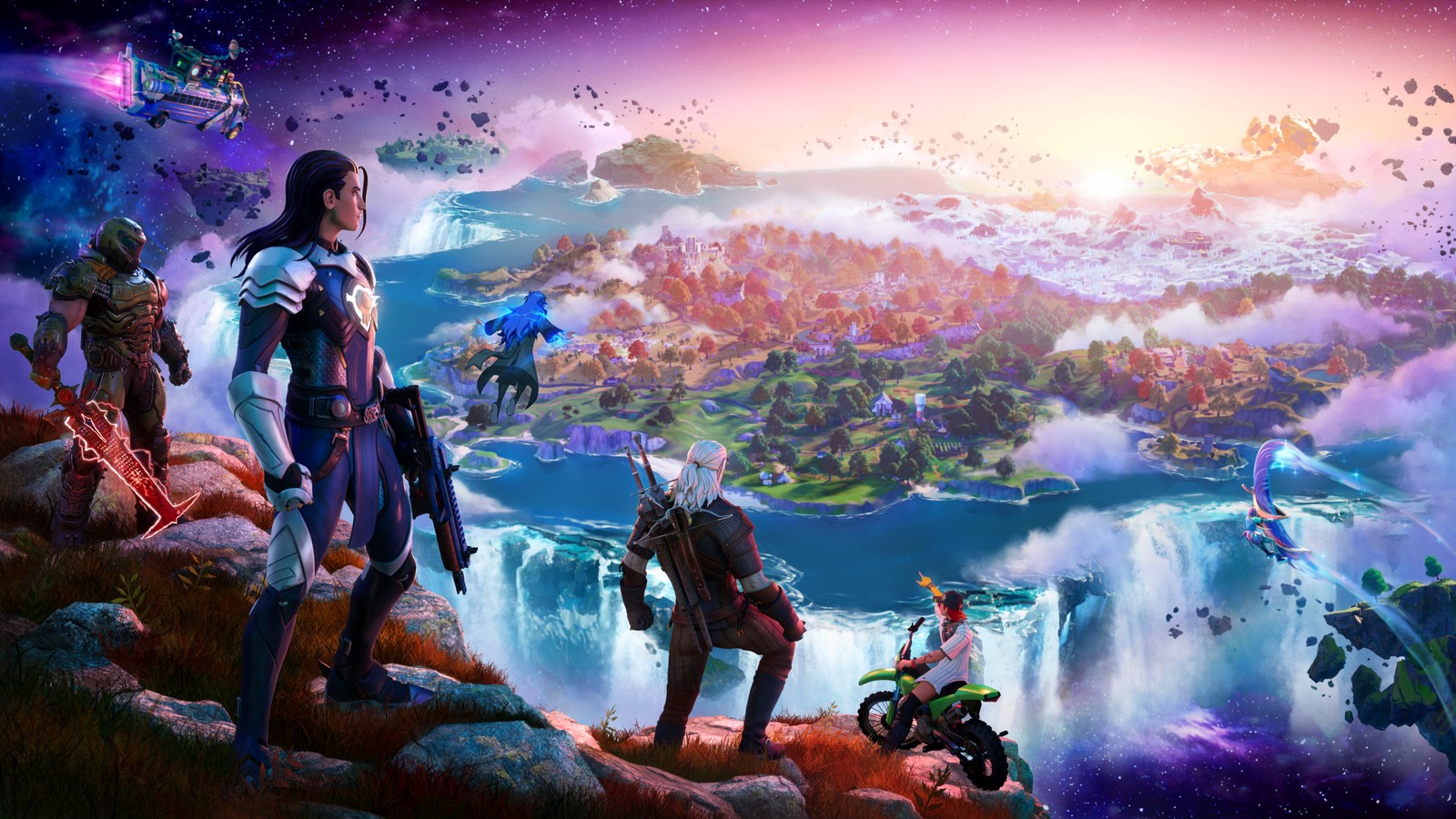 A group of people standing on top of a mountain next to a waterfall (fortnite, 2023 games, games, 4k wallpaper)