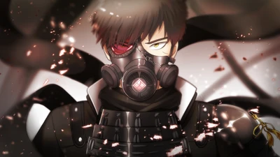 Anime Character in Gas Mask Amidst Chaos