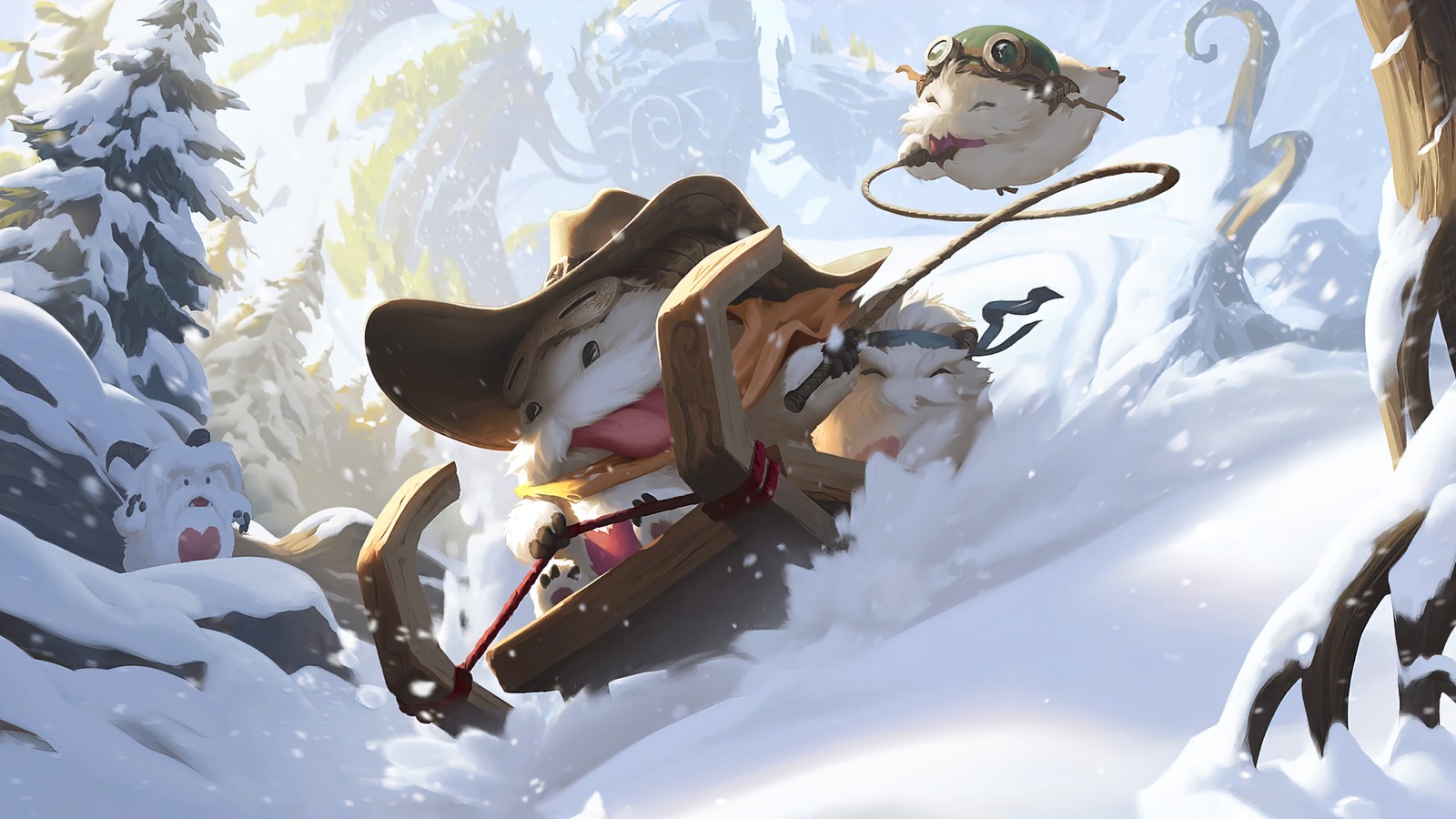 Иллюстрация собаки, тянущей сани с мужчиной на них (poro sled, lor, legends of runeterra, видеоигра, bandle city)