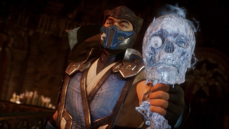 Мужчина в синей маске держит белый череп (sub zero, mortal kombat 11, видеоигра)