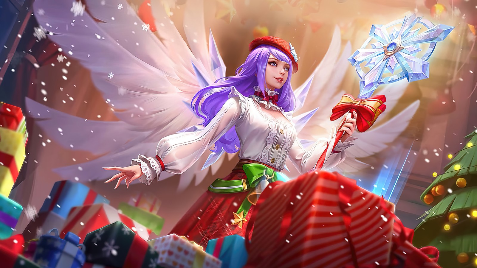 Un gros plan d'une femme en robe tenant une baguette (rafaela, angelic sonata, mobile legends, bang bang, mlbb)