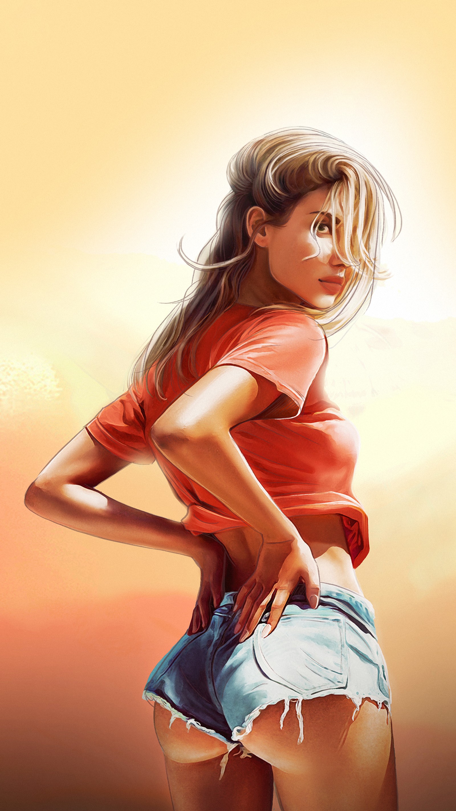 Pintura de una mujer con una camisa roja y pantalones cortos azules (arte, pintura, android, labio, muslo)